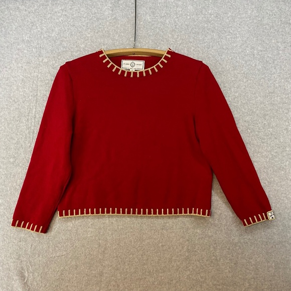ST JOHN SPORT MARIE GRAY Sweater Size P Red & Metallic GoldTrim Knit Watch Wrist - Picture 1 of 6
